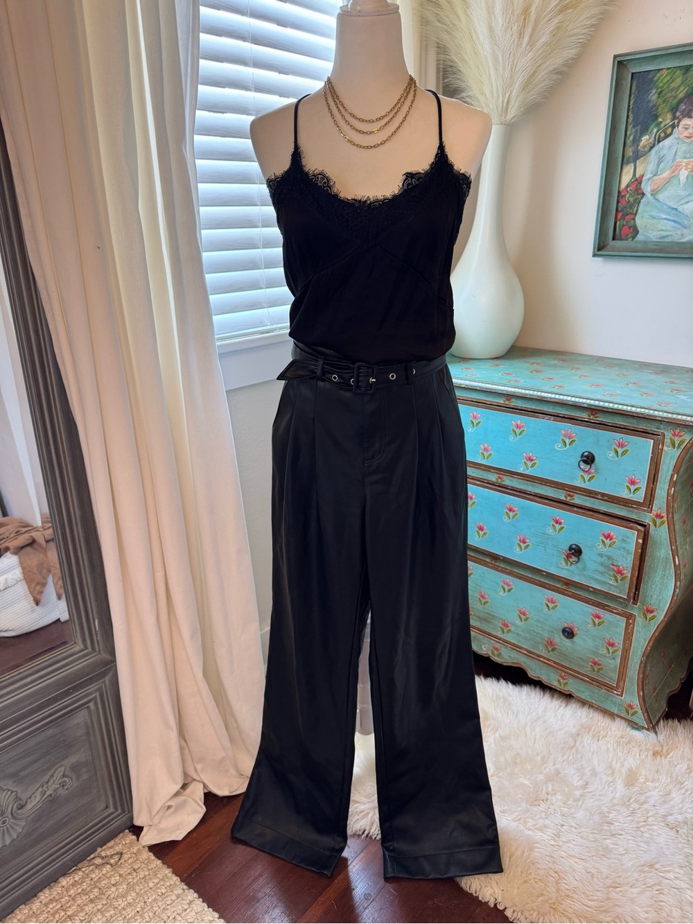7 For All Mankind Black Faux Leather Wide Leg Belted Pants – XS